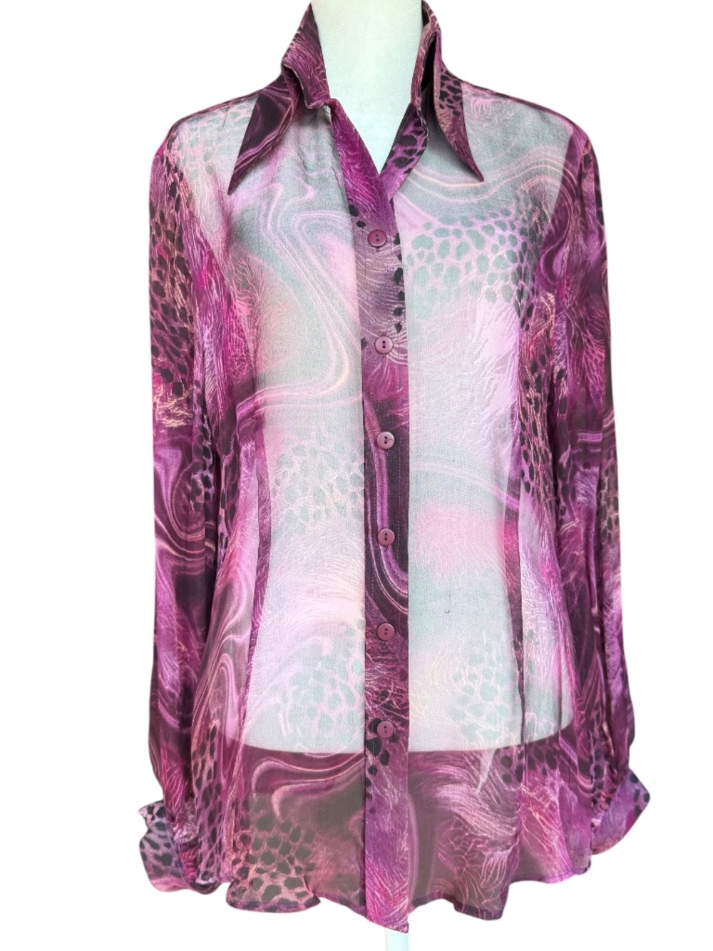 Noreen Phillips International Sheer Purple Button Front Shirt Blouse Sz 2